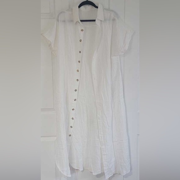 Boho Batwing Sleeve Split Thigh Longline Button Down Shirt White - Picture 4 of 4